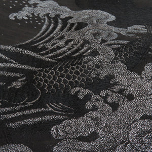 Nagoya Obi Antique Embroidery Red and Koi Kinken Kinu Ninogo and Obi Black Silver Thread Retro Kimono Length 340cm