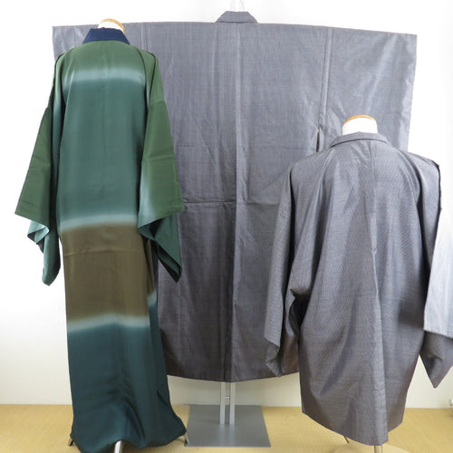 Male kimono Tsumugi ensemble set set, gray gray pure silk men for men men's tailoring kimono men's casual height 139cm