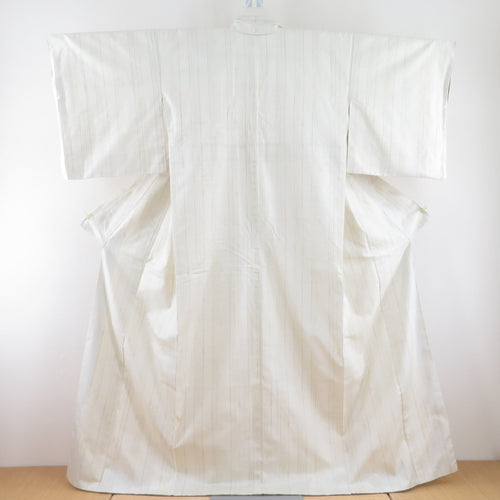 紬 着物 縞に絣文様 袷 広衿 クリーム色 正絹 カジュアル着物 仕立て上がり 身丈163cm