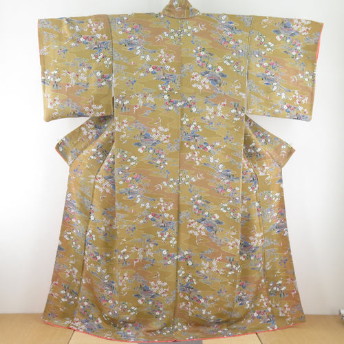 Komon crepe lined lined lined collar building with a flower pattern light brown pure silk tailoring casual kimono 164cm