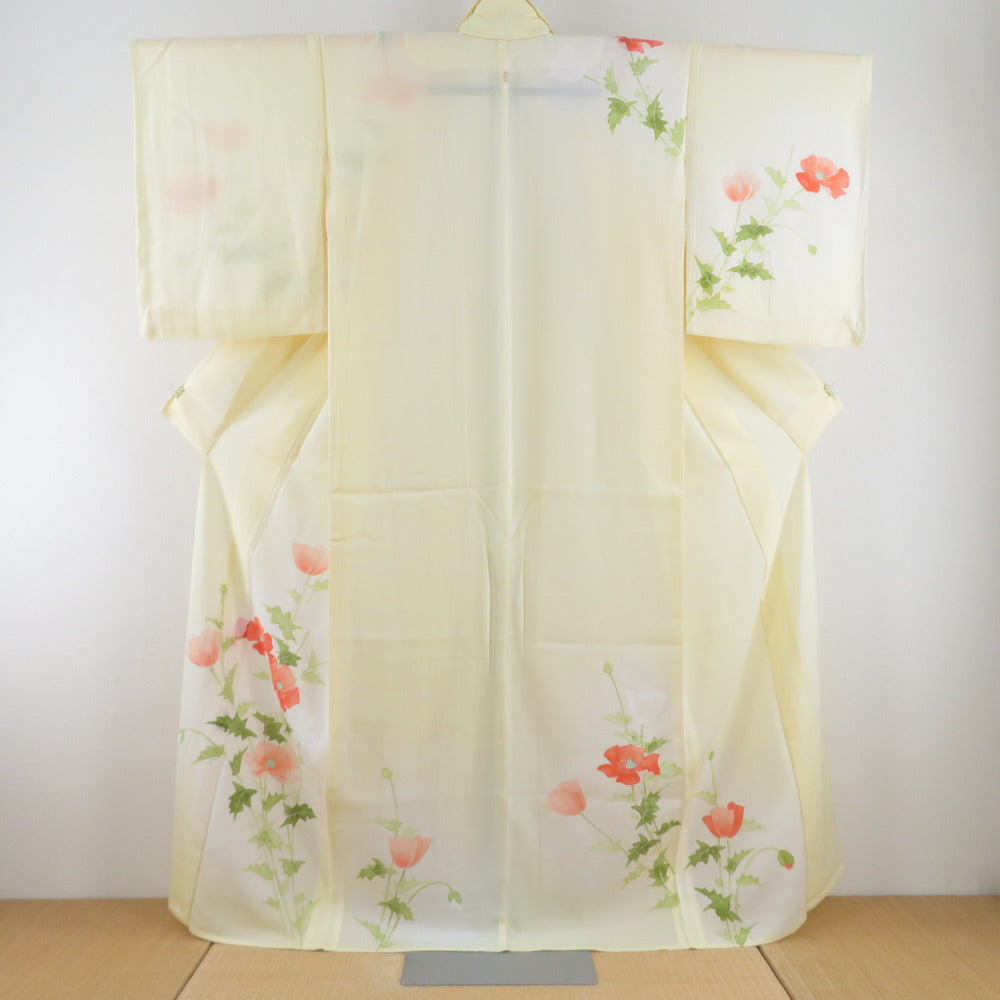 Summer kimono Single garment Garo summer flower pattern Yellow one crest Left 3rd floor pine pine wide collar pure silk