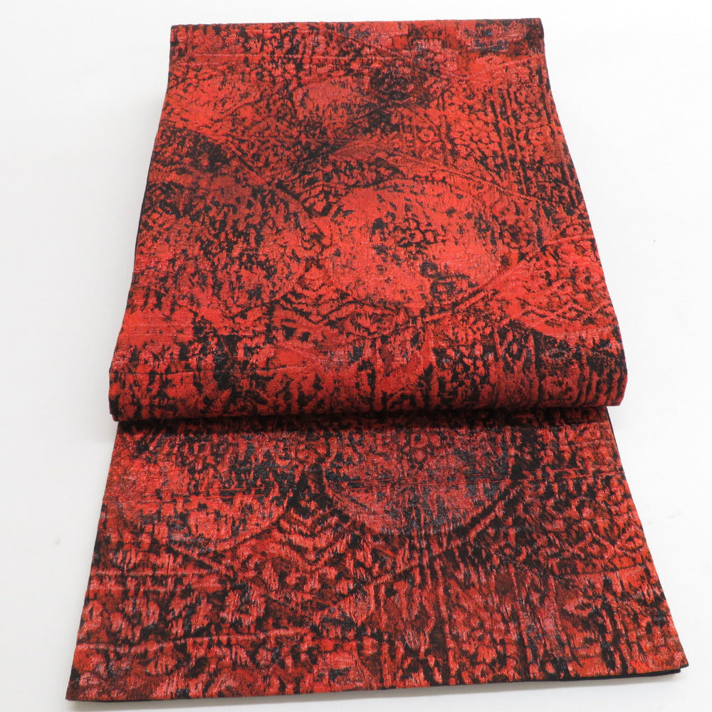 袋帯 全通柄 纐纈 膨れ織 赤色 黒色 抽象 正絹 カジュアル 着物帯 仕立て上がり 長さ436cm