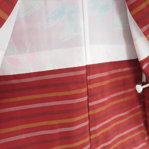 Tsumugi Kimono Ensemble Horizontal Weather Shade Striped War Collar Red Pure Silk Casual Casual Tailor 157cm