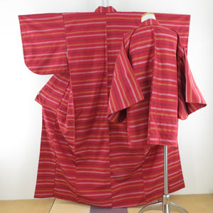 Tsumugi Kimono Ensemble Horizontal Weather Shade Striped War Collar Red Pure Silk Casual Casual Tailor 157cm