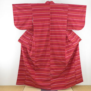 Tsumugi Kimono Ensemble Horizontal Weather Shade Striped War Collar Red Pure Silk Casual Casual Tailor 157cm