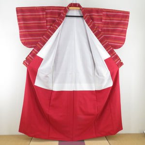 Tsumugi Kimono Ensemble Horizontal Weather Shade Striped War Collar Red Pure Silk Casual Casual Tailor 157cm