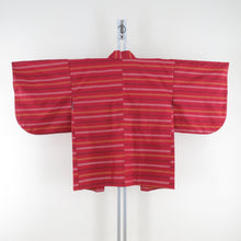 Load image into Gallery viewer, Tsumugi Kimono Ensemble Horizontal Weather Shade Striped War Collar Red Pure Silk Casual Casual Tailor 157cm