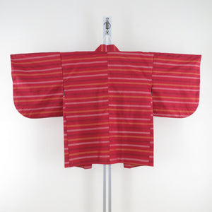 Tsumugi Kimono Ensemble Horizontal Weather Shade Striped War Collar Red Pure Silk Casual Casual Tailor 157cm