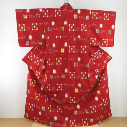 紬 着物 井桁絣 赤色 袷 広衿 正絹 カジュアル着物 仕立て上がり 身丈162cm