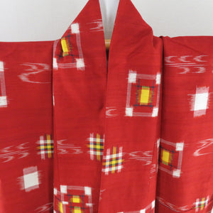 Tsumugi Kimono Kasuri Red Lined Lined Collar Silk Silk Casual Casual Kimono Tailor