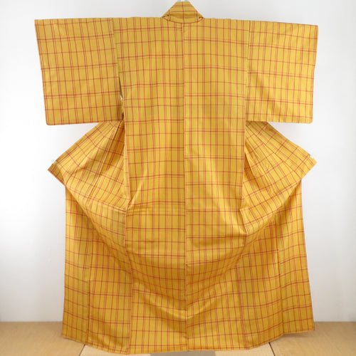 紬 着物 格子 黄色 袷 広衿 正絹 草木染め カジュアル着物 仕立て上がり 身丈164cm