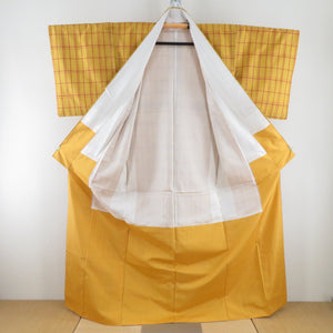 紬 着物 格子 黄色 袷 広衿 正絹 草木染め カジュアル着物 仕立て上がり 身丈164cm