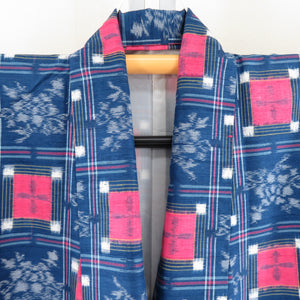 Tsumugi Kimono lattice pattern lined wide collar blue x pink color pure silk casual kimono tailoring