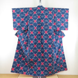 Tsumugi Kimono lattice pattern lined wide collar blue x pink color pure silk casual kimono tailoring