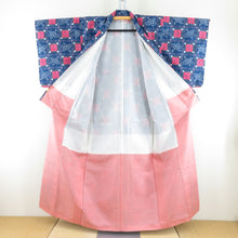 Load image into Gallery viewer, Tsumugi Kimono lattice pattern lined wide collar blue x pink color pure silk casual kimono tailoring