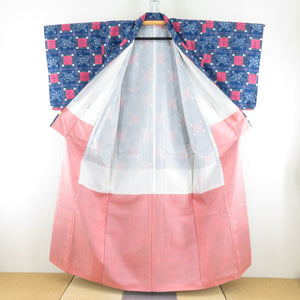 Tsumugi Kimono lattice pattern lined wide collar blue x pink color pure silk casual kimono tailoring