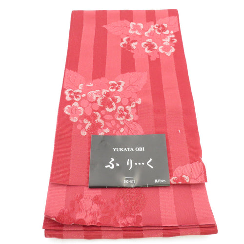 浴衣帯 YUKATA OBI ふりく 紫陽花柄 ポリエステル100% レッド色 袴下帯 半巾帯 細帯 日本製 洗える 仕立て上がり 長さ400cm