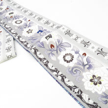 Load image into Gallery viewer, Half -width band Wakka Flower flower arabesque paisley pattern pure silk white x gray x purple reversible Japanese half width length 425cm