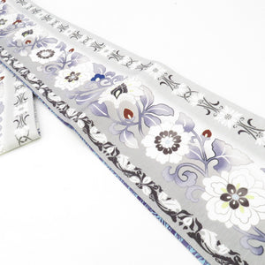 Half -width band Wakka Flower flower arabesque paisley pattern pure silk white x gray x purple reversible Japanese half width length 425cm