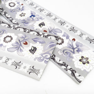 Half -width band Wakka Flower flower arabesque paisley pattern pure silk white x gray x purple reversible Japanese half width length 425cm