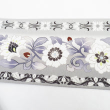 Load image into Gallery viewer, Half -width band Wakka Flower flower arabesque paisley pattern pure silk white x gray x purple reversible Japanese half width length 425cm