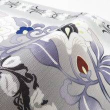 Load image into Gallery viewer, Half -width band Wakka Flower flower arabesque paisley pattern pure silk white x gray x purple reversible Japanese half width length 425cm