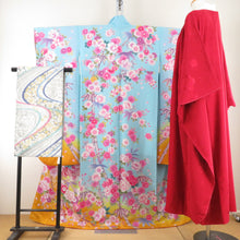 Load image into Gallery viewer, Kimono silk 3 -piece set [Kimono long undergarment bag zone] Silver and aqua blue peony tailored to cherry blossom patterns, adult ceremony height 159cm