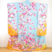 Load image into Gallery viewer, Kimono silk 3 -piece set [Kimono long undergarment bag zone] Silver and aqua blue peony tailored to cherry blossom patterns, adult ceremony height 159cm