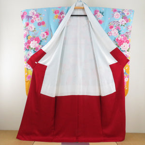 Kimono silk 3 -piece set [Kimono long undergarment bag zone] Silver and aqua blue peony tailored to cherry blossom patterns, adult ceremony height 159cm