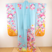 Load image into Gallery viewer, Kimono silk 3 -piece set [Kimono long undergarment bag zone] Silver and aqua blue peony tailored to cherry blossom patterns, adult ceremony height 159cm