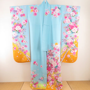 Kimono silk 3 -piece set [Kimono long undergarment bag zone] Silver and aqua blue peony tailored to cherry blossom patterns, adult ceremony height 159cm