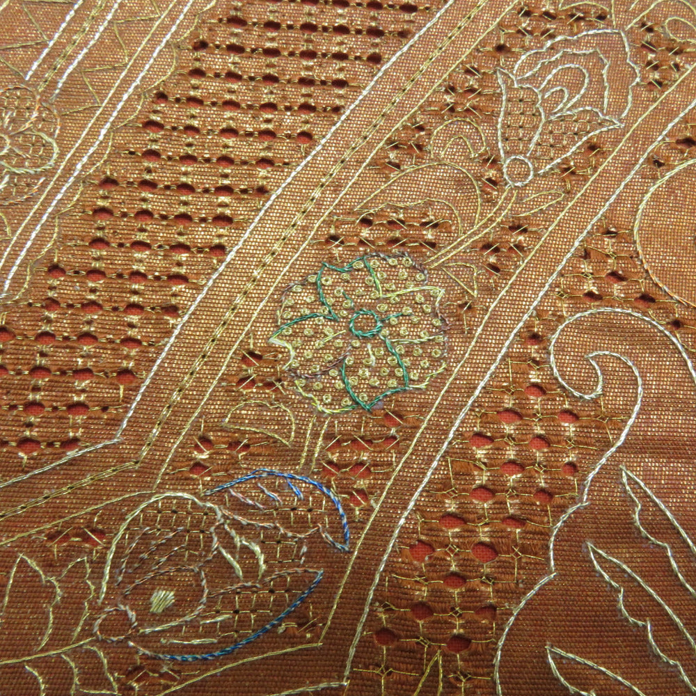 袋帯 蘇州刺繍 スワトウ刺繍 花唐草文様 正絹 茶色 お太鼓柄