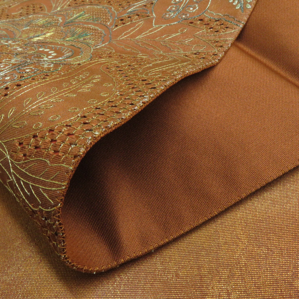 袋帯 蘇州刺繍 スワトウ刺繍 花唐草文様 正絹 茶色 お太鼓柄
