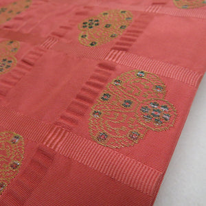 Back band swelling red pink lattice six -handed pattern pure silk casual kimono tailoring length 424cm