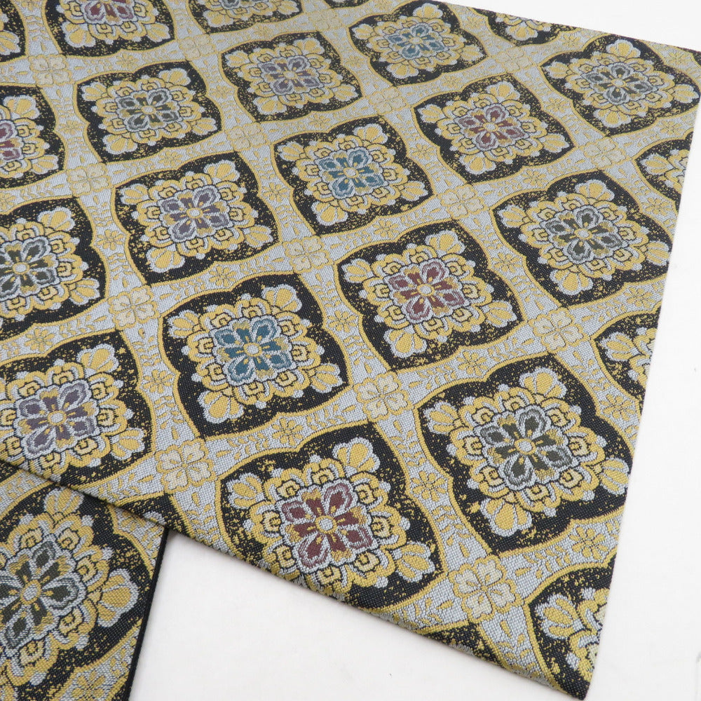 袋帯 織り柄 花菱格子文様 黒色 黄色 六通柄 正絹 セミフォーマル 仕立て上がり 着物帯 長さ440cm 【キモノオフ野々市若松店】 袋帯 織り柄 花菱格子文様 黒色 黄色 六通柄 正絹 セミフォーマル