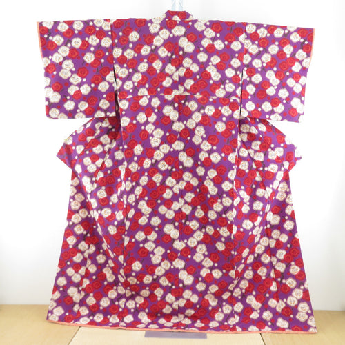 小紋 ポリエステル 梅模様 紫ｘ赤ｘ白 袷 広衿 カジュアル着物 仕立て上がり 身丈165cm 美品