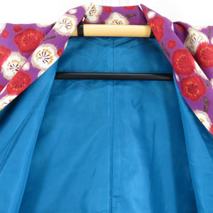 小紋 ポリエステル 梅模様 紫ｘ赤ｘ白 袷 広衿 カジュアル着物 仕立て上がり 身丈165cm 美品