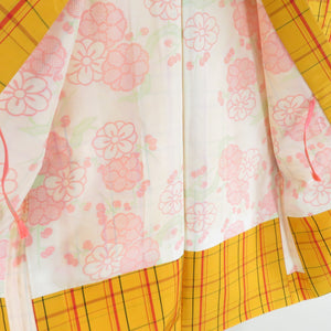 Tsumugi Kimono Ensemble Haori Lattice Popular Lined Bee Collar Yellow Pure Silk Casual Tailor