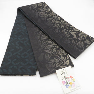 Half -width obi Aya Rinhana Pure silk fine silk, reversible flower, cats x seven treasures black tea black -green Japanese small bag zoso -tailored kimono length 400cm