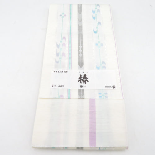 Half -width obi Original Hakata Hakata Hakata Hakata Hakata Hakata Hakutori Tsubaki Pure silk Yowa Kasuri White Half -width Half -width Obi Subsid Subadrogated Japanese Length 378cm