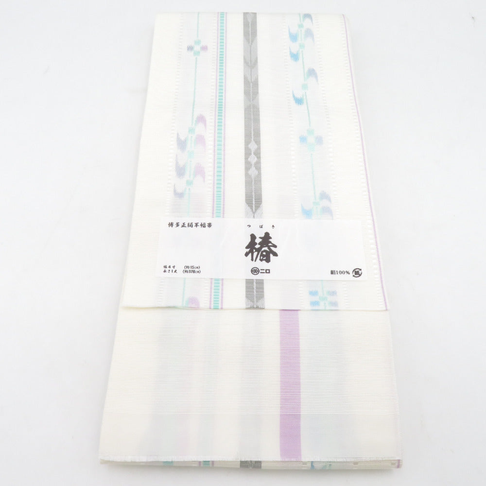 Half -width obi Original Hakata Hakata Hakata Hakata Hakata Hakata Hakutori Tsubaki Pure silk Yowa Kasuri White Half -width Half -width Obi Subsid Subadrogated Japanese Length 378cm