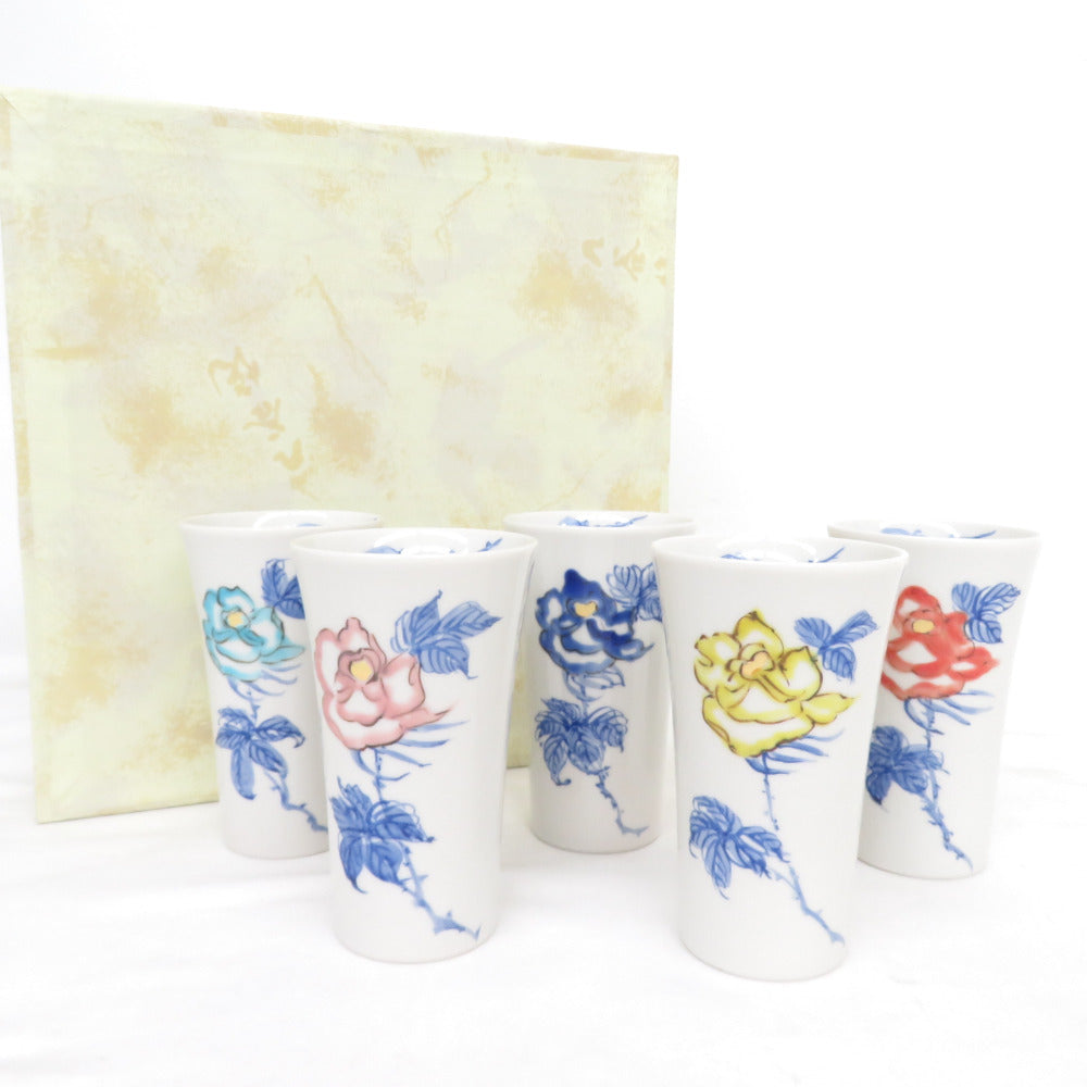 Kutani ware -yaki tableware traditional craftsman Eiko Minaminami free cup 5 passenger sets with rose roses with roses and folk crafts tumbler