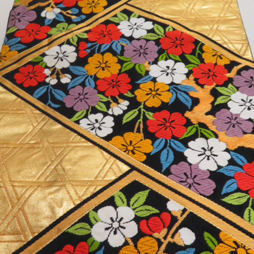 袋帯 振袖用 桧垣に梅文様 黒色 金色 唐織 六通柄 正絹 金糸 成人式 