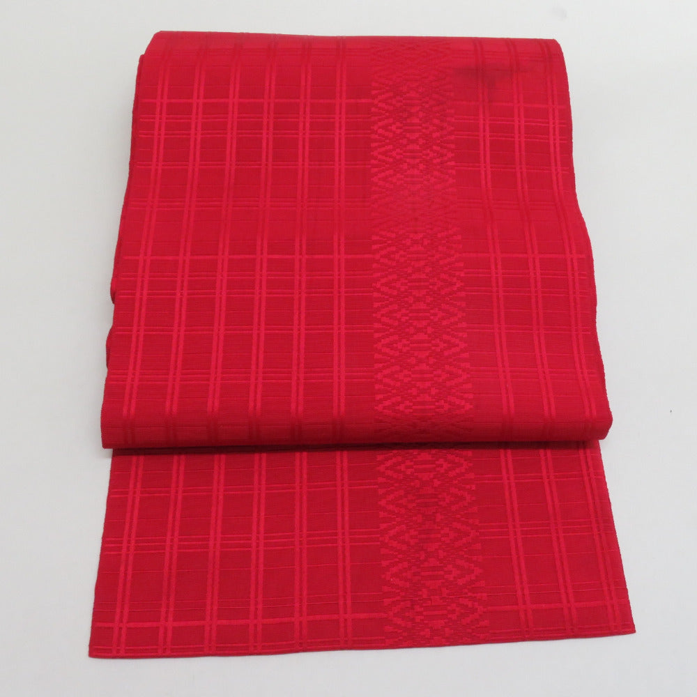 Hakata Ori Nagoya Obi Silk Pure Silk Contains Tsukuzen Lattice All Patterns All Patterns Red Colored Kimono Back Matsubiya Tailoring Length 354cm