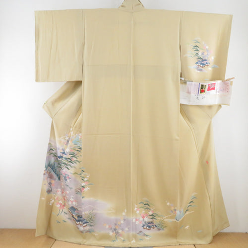 Hon Kaga Yuzen Visit Matsushi Okuda In the Building, a flower paper with a yellow -colored writer, a pure silk lined wide collar one crest five crests Formal authentic Kaga Yuzen dye 159cm