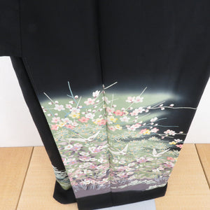 Hon Kaga Yuzen Black Tomode Oda Michiyo Tsuru on the Kaga Buns Pure Silk Lined Lined Collar Historic Wing Introduction Writer Kaga Yuzen Dyeing Former Kimono Formal Tailor 157cm