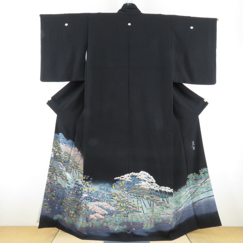 Kaga Yuzen Black Tomesode Sugiura Nobuyuru In the flowing water, the branch flower pattern pure silk lined collar rhinocerry wings writer real Kaga Yuzen dyeing dress Formally tailored 156cm