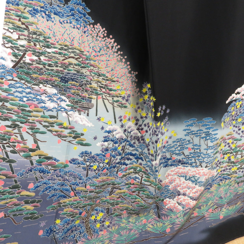 本加賀友禅 黒留袖 杉浦伸 流水に枝花文様 正絹 袷 広衿 比翼付 落款入