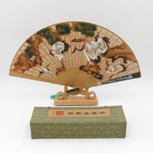 Load image into Gallery viewer, Ogi Sandwood fan Nodan Pine Tsuruanmaker carving axis length 27cm with pedestal with a crab