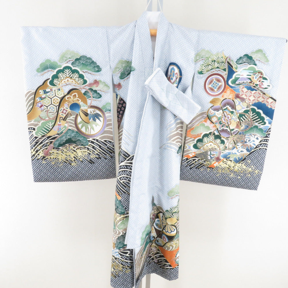 子供着物 男の子用 子供きもの 一つ身 襦袢セット 黒白色 ポリエステル 3歳 フォーマル 兜文様 子供着物 男児 七五三 祝着 身丈96cm 未使用品 【キモノオフ野々市若松店】 子供着物 男の子用 子供きもの 一つ身 襦袢セット 黒白色 ポリエステル